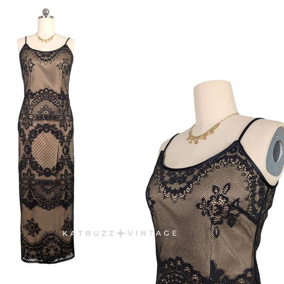 Vintage Lace Prom Dress Maxi Gown 8 Black Tan Y2K 90s Illusion Mesh Grunge Glam - Picture 3 of 10